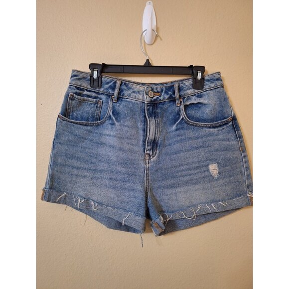 Pacsun‎ Raw Hem Cuff Mom Short 30 Blue Medium Wash High Rise 100% Cotton Zip Fly - Picture 1 of 7